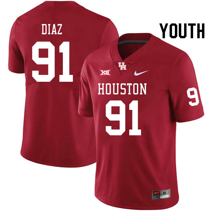 Youth #91 Joshua Diaz Houston Cougars Big 12 XII College Football Jerseys Stitched-Red - Click Image to Close